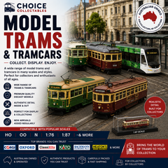 a collection of model trams and tramcars