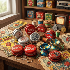 a group of vintage and modern yo yos on a table including coca cola