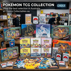 a display of different era pokemon products on a shelf