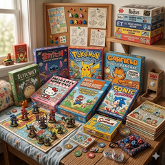 a group of puzzles and boardgames sitting on a desk in a bedroom