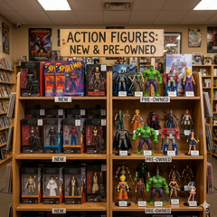 A Group of pop culture action figures standing a timber table bench