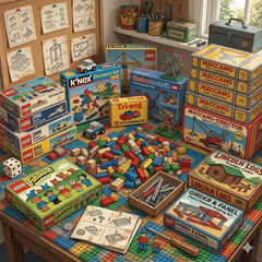 various lego meccano boxes on a table