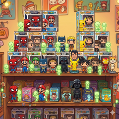 a timber shelf showing funko pops, smiskis and blind boxes