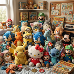 a group of soft toys and plushies sitting on a bedroom floor