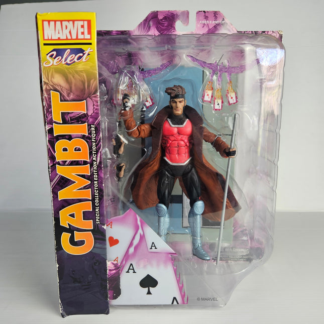 Marvel Select Gambit Special Collector Edition action figure by Diamond Select Toys in original factory sealed packaging with heavily damaged outer card and blister packaging.