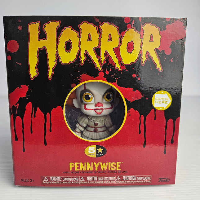 Funko 5 Star Pennywise vinyl figure from IT with balloon, paper boat accessories and original collector display box.