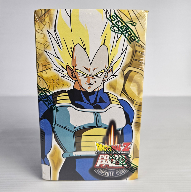 Factory sealed Dragon Ball Z Collectible Card Game Power Pak Capsule Corp box featuring Super Saiyan Vegeta artwork by Score Entertainment with original shrink wrap.