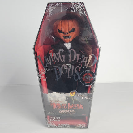 Factory sealed Living Dead Dolls Presents The Headless Horseman Scary Tales Vol. 6 Sweet 16 collectible by Mezco Toyz in original coffin-shaped display packaging with minor shelf wear.