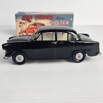 Vintage Streamlux Tom Thumb Holden FE Sedan black diecast model Side View with original illustrated box