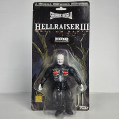 Factory sealed Funko Savage World Hellraiser III Pinhead 5.5 inch action figure on original blister card with Lament Configuration accessory and visible card wear.