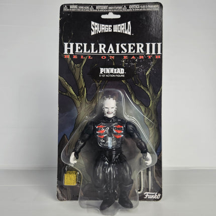 Factory sealed Funko Savage World Hellraiser III Pinhead 5.5 inch action figure on original blister card with Lament Configuration accessory and visible card wear.