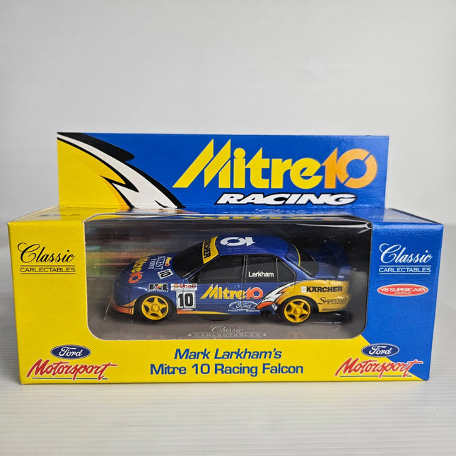 Classic Carlectables 1:43 scale Mark Larkham Mitre 10 Racing Ford Falcon #10 diecast model in original display box with blue and yellow Ford Motorsport livery.
