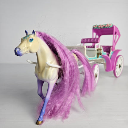 1996 Empire Fantasy Fillies Kristel horse with purple mane and matching pink horse drawn carriage vintage toy set