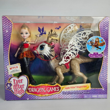 Ever After High Dragon Games Apple White Dragonrider Doll with Braebyrn Dragon by Mattel in original window display box inspired by the Netflix Original Series.