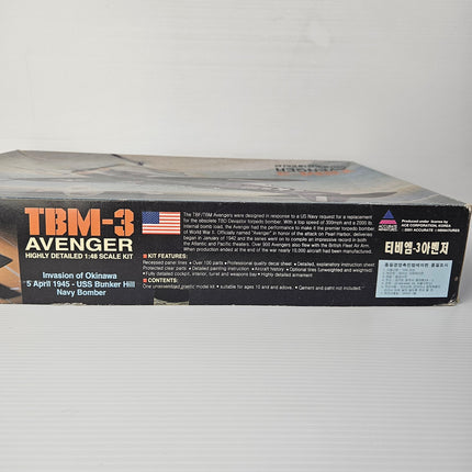 Side of ACE TBM-3 Avenger box showing kit features and manufacture date