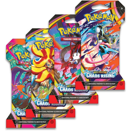 Four Pokemon trading card game booster packs with colorful designs and character illustrations.