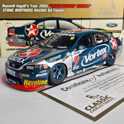 Classic Carlectables 1:18 Russell Ingall #9 Stone Brothers Racing BA Falcon 2005 Championship Winner diecast model with original box and Certificate of Authenticity