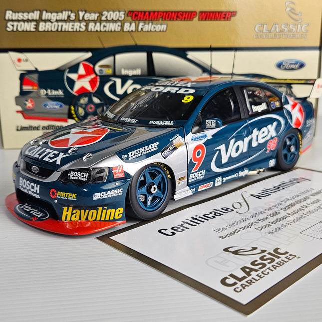 Classic Carlectables 1:18 Russell Ingall #9 Stone Brothers Racing BA Falcon 2005 Championship Winner diecast model with original box and Certificate of Authenticity
