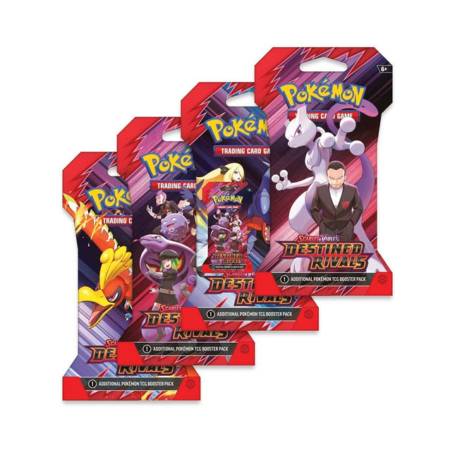 Four packs of Pokémon trading cards Destined Rivals with character illustrations on a white background