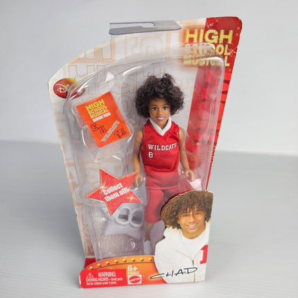 Factory sealed Disney High School Musical Club HSM Chad Danforth small doll by Mattel in original blister packaging wearing Wildcats basketball uniform.