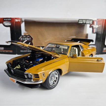 Highway 61 Collectibles 1:18 Scale 1970 Ford Mustang CJ428 R Code SCJ Gold Diecast Model with open hood