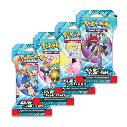 Four packs of Pokémon Trading Card Game 'Journey Together' on a white background