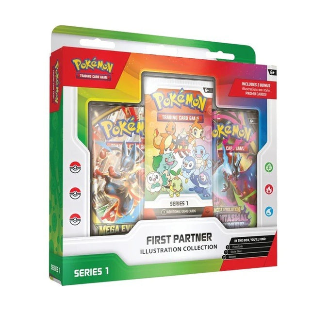 Pokémon TCG First Partner Illustration Collection Series 1 factory sealed box with exclusive promo cards and two booster packs