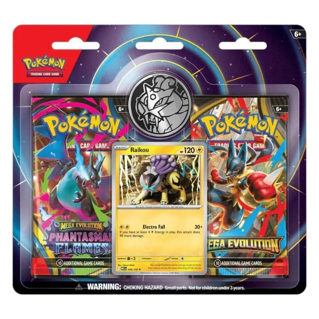 Pokémon TCG 2-Pack Blister featuring Raikou promo card with two booster packs and collectible Pokémon coin