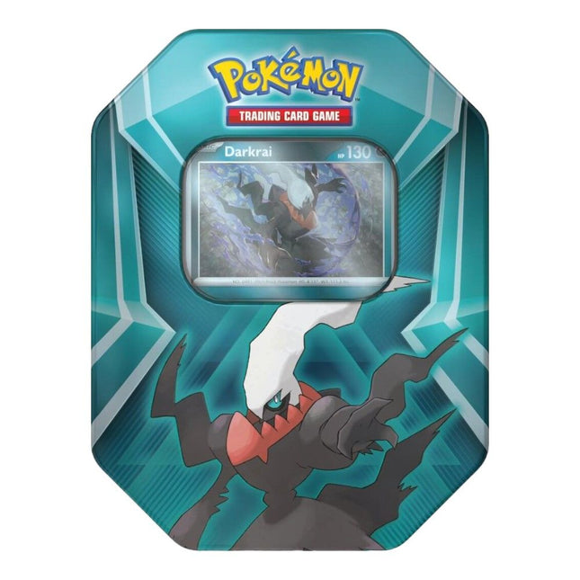 Pokémon TCG Triple Whammy Tin Darkrai 2026 release factory sealed collectible tin with Darkrai, Sableye and Spiritomb foil promo cards