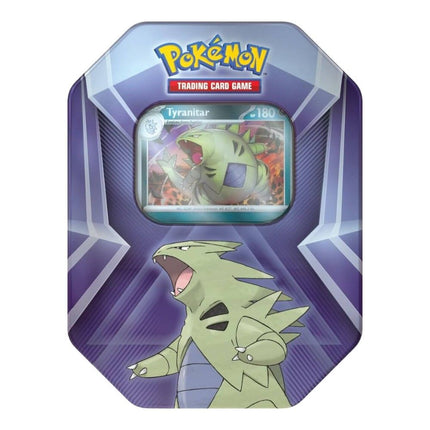Pokémon TCG Triple Whammy Tin Tyranitar 2026 release factory sealed collectible tin with Larvitar, Pupitar and Tyranitar foil promo cards