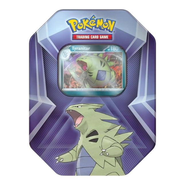 Pokémon TCG Triple Whammy Tin Tyranitar 2026 release factory sealed collectible tin with Larvitar, Pupitar and Tyranitar foil promo cards