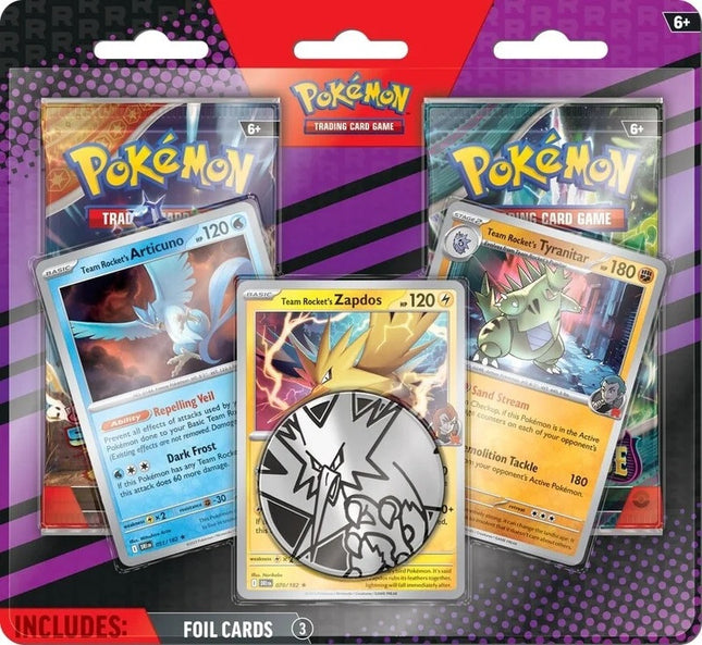 Pokémon TCG Enhanced 2 Pack Blister featuring Team Rocket's Articuno, Zapdos or Tyranitar promo card with two booster packs