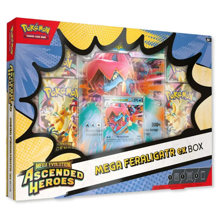 Pokémon TCG Mega Evolution Ascended Heroes Mega Feraligatr ex Box with four booster packs and promo cards