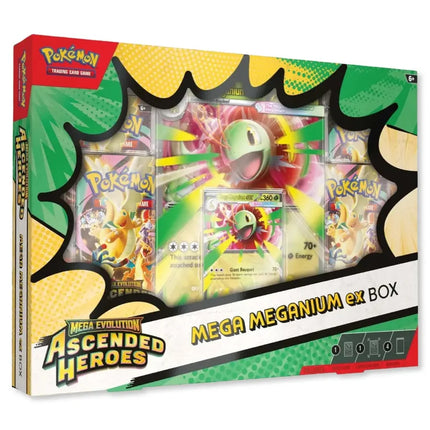 okémon TCG Mega Evolution Ascended Heroes Mega Meganium ex Box with four booster packs and promo cards