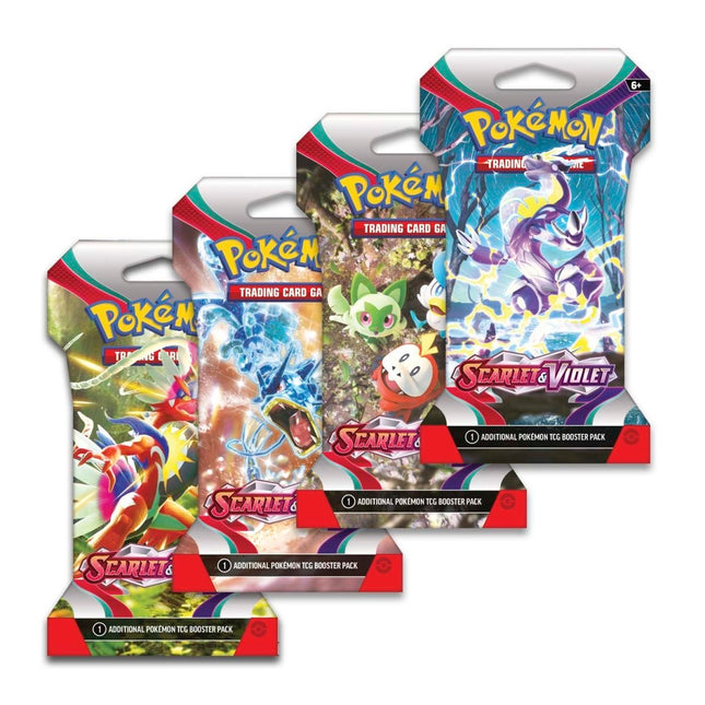 Four packs of Pokémon Trading Card  Booster Packs Game Scarlet & Violet on a white background