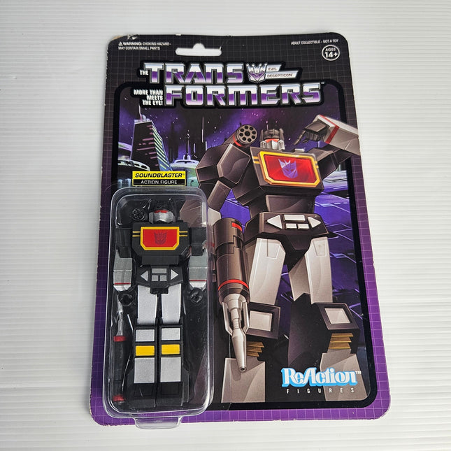 Super7 Transformers Soundblaster ReAction Figure factory sealed on original card with Decepticon artwork and blaster accessory.