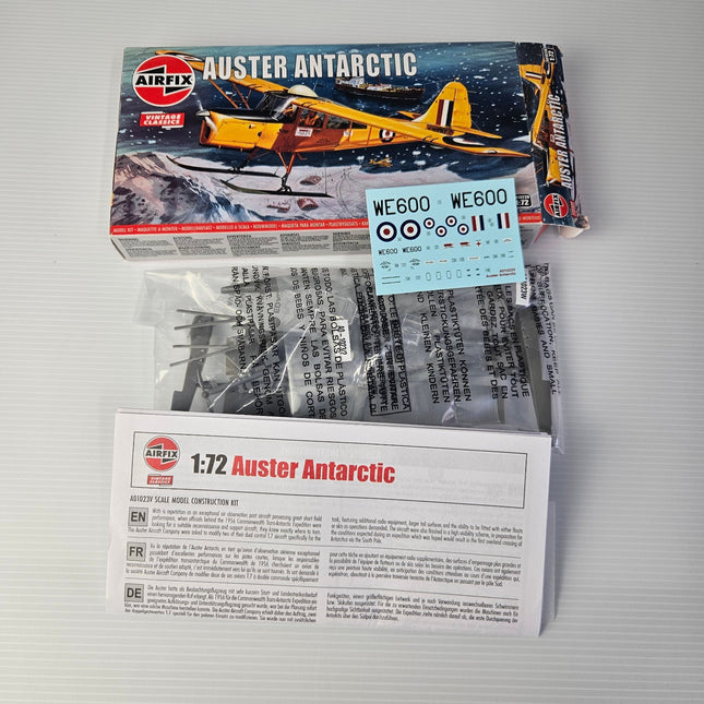 Open Airfix Auster Antarctic model kit showing parts decals and instructions