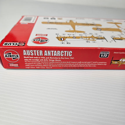 Airfix Auster Antarctic box side showing dimensions parts count and tooling details