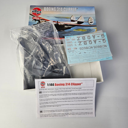 Airfix Boeing 314 Clipper model kit contents with plastic parts decals and instructions