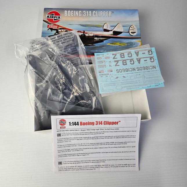 Airfix Boeing 314 Clipper model kit contents with plastic parts decals and instructions