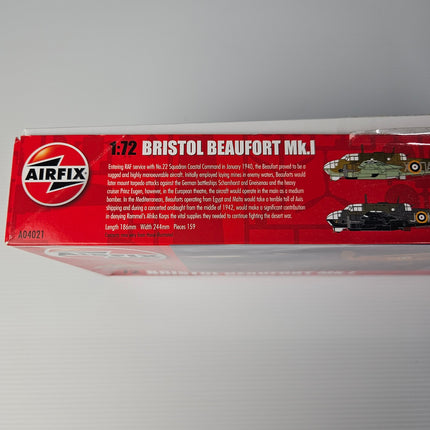Airfix Bristol Beaufort Mk.I box side showing 159 parts and model dimensions