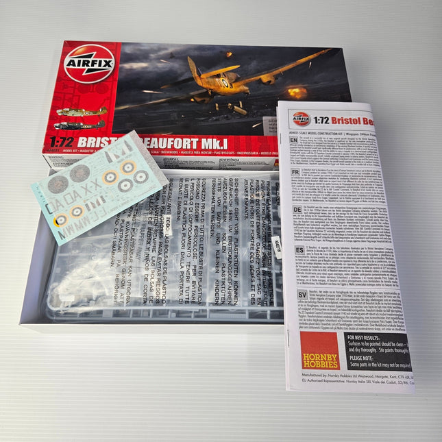 Airfix Bristol Beaufort Mk.I model kit contents with decals and instructions
