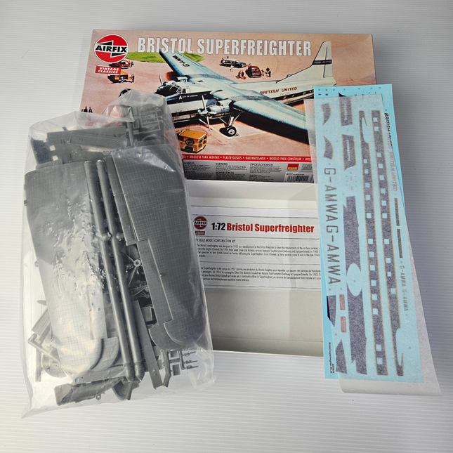 Airfix Bristol Superfreighter model kit contents with decals and instructions