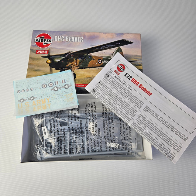 Airfix DHC Beaver model kit contents with decals and instructions