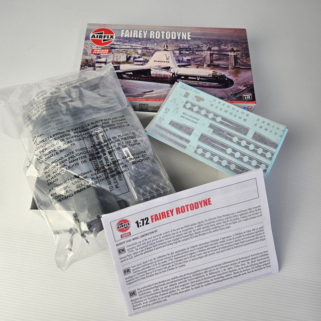 Open Airfix 1:72 Fairey Rotodyne kit showing plastic parts decals and instructions