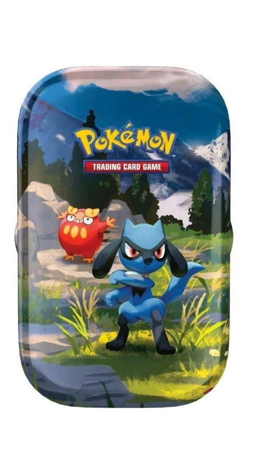 A Collectable Mini Tin From Ascended heroes showing Riolu and darumaka
