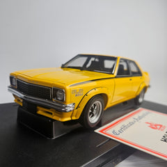Front three-quarter view of Biante AUTOart 1:18 Holden LH Torana SLR 5000 L34 in Chrome Yellow.