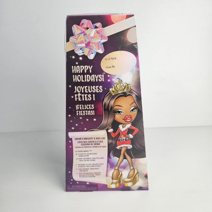 Back of Bratz Very Merry Sasha packaging showing contents information.
