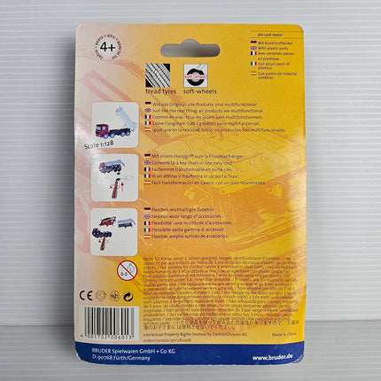 Back of Bruder mini Mercedes-Benz Actros cement mixer packaging showing 1:128 scale