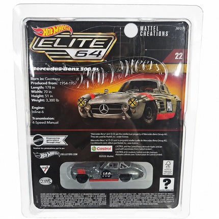 Back of Hot Wheels Elite 64 Mercedes-Benz 300 SL JNF05 packaging showing specifications and die-cast model